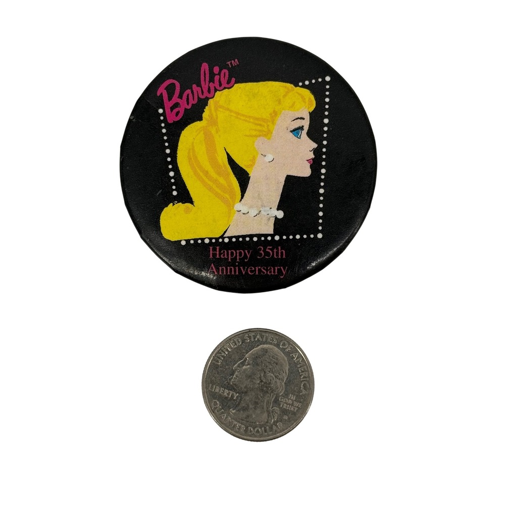 Barbie Happy 35th Anniversary‎ Pin Button Small Metal Black Pink 1994 Barbiecore